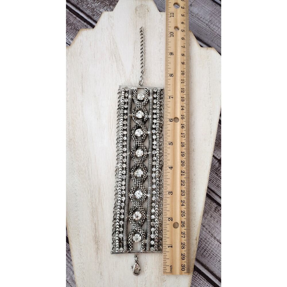 Vintage-Style Wide Silver/Pewter-Tone Cuff Bracelet with Rhinestones Accents - Picture 9 of 11
